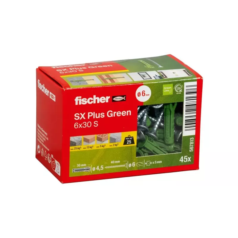 Schrauben- und Dübelset Fischer 567813 45 Stück Grün