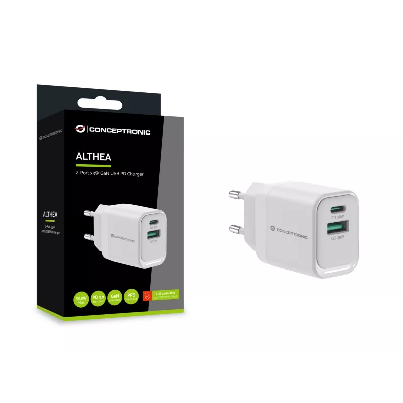 Conceptronic ALTHEA19W33 2-Port 33W GaN USB PD Ladegerät, USB-C x 1, USB-A x 1, QC 3.0, PPS, PD 3.0
