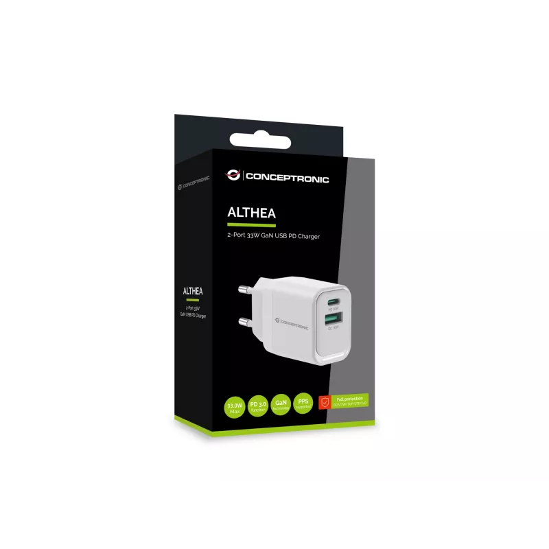 Conceptronic ALTHEA19W33 2-Port 33W GaN USB PD Ladegerät, USB-C x 1, USB-A x 1, QC 3.0, PPS, PD 3.0