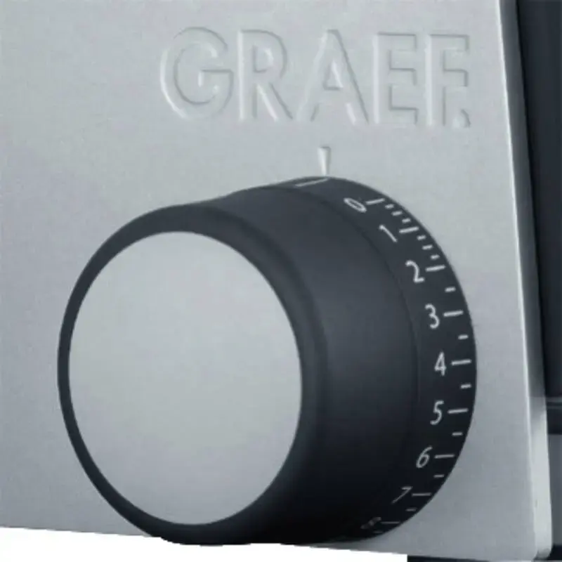 Elektrischer Allesschneider Graef G55 170 W, max. Schnittstärke 20 mm, graues Metall, 230 V, Maße 230×325×240 mm