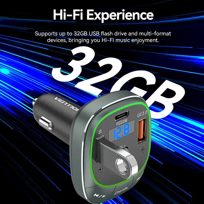 Auto-Ladegerät Vention 3-Port USB (USB-C + 2× USB-A) 30W/18W/5W Schwarz