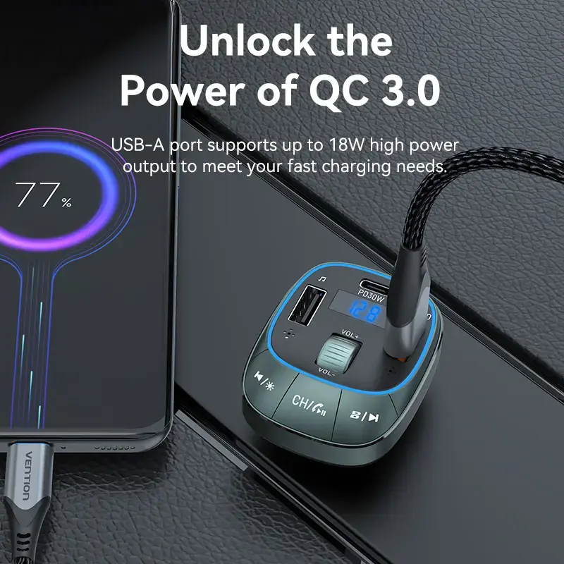 Auto-Ladegerät Vention 3-Port USB (USB-C + 2× USB-A) 30W/18W/5W Schwarz