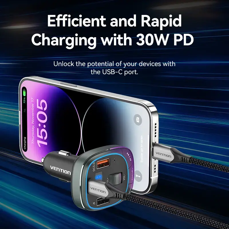 Auto-Ladegerät Vention 3-Port USB (USB-C + 2× USB-A) 30W/18W/5W Schwarz