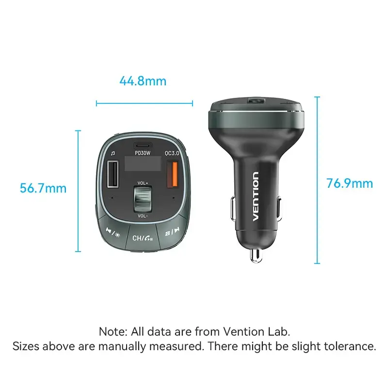 Auto-Ladegerät Vention 3-Port USB (USB-C + 2× USB-A) 30W/18W/5W Schwarz