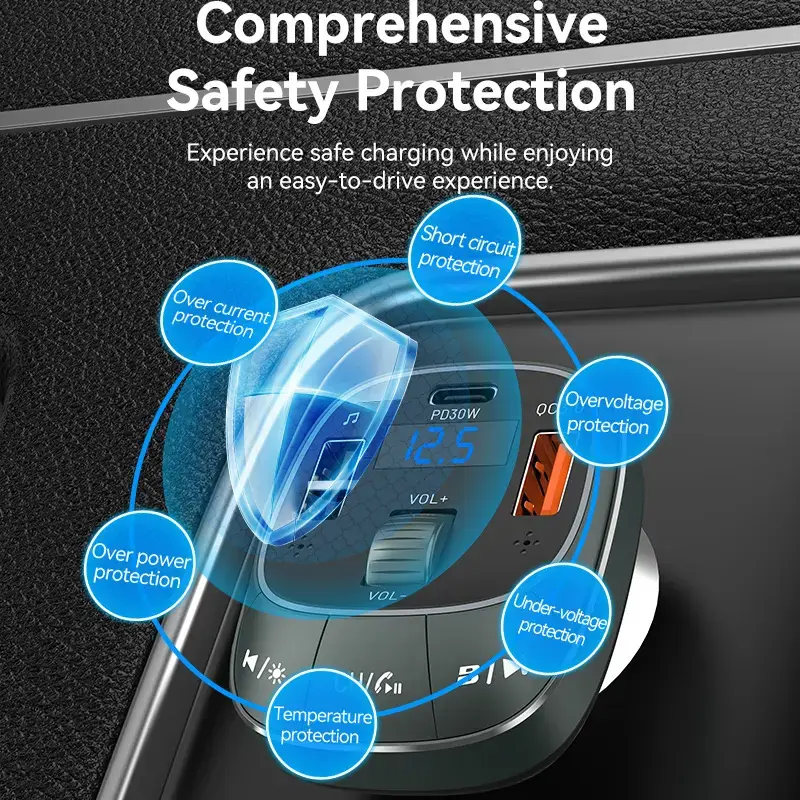 Auto-Ladegerät Vention 3-Port USB (USB-C + 2× USB-A) 30W/18W/5W Schwarz
