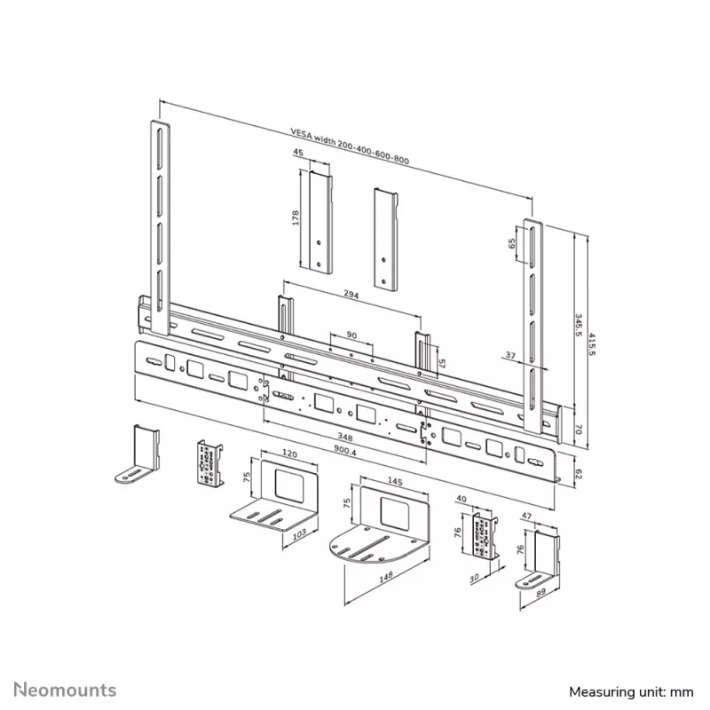Videobar-Halterung Neomounts AV30-500BL für 43–110 Zoll Displays — VESA bis 600×400, max. 10 kg, Breite 900 mm