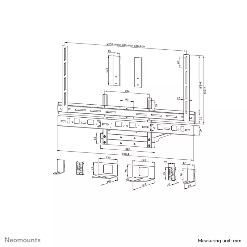 Videobar- und Laptop-Ablage-Kit Neomounts AV60-500BL für 43–110 Zoll Displays, VESA bis 600x400, max. Belastung 8 kg, Breite 900 mm