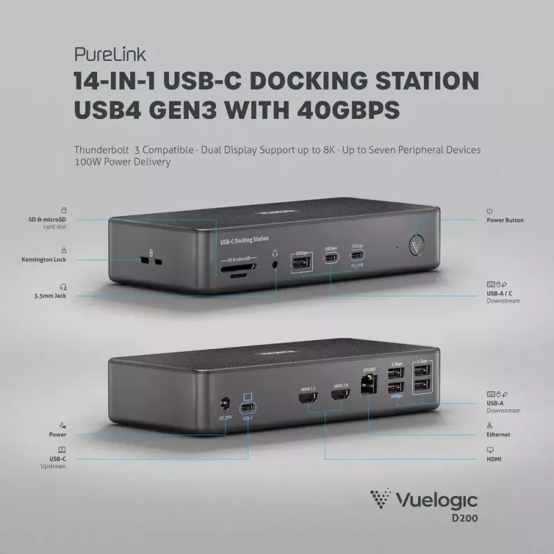 Laptop-Dock PureLink VL-D200 Kabelgebunden Grau USB Power Delivery HDMI 2.0