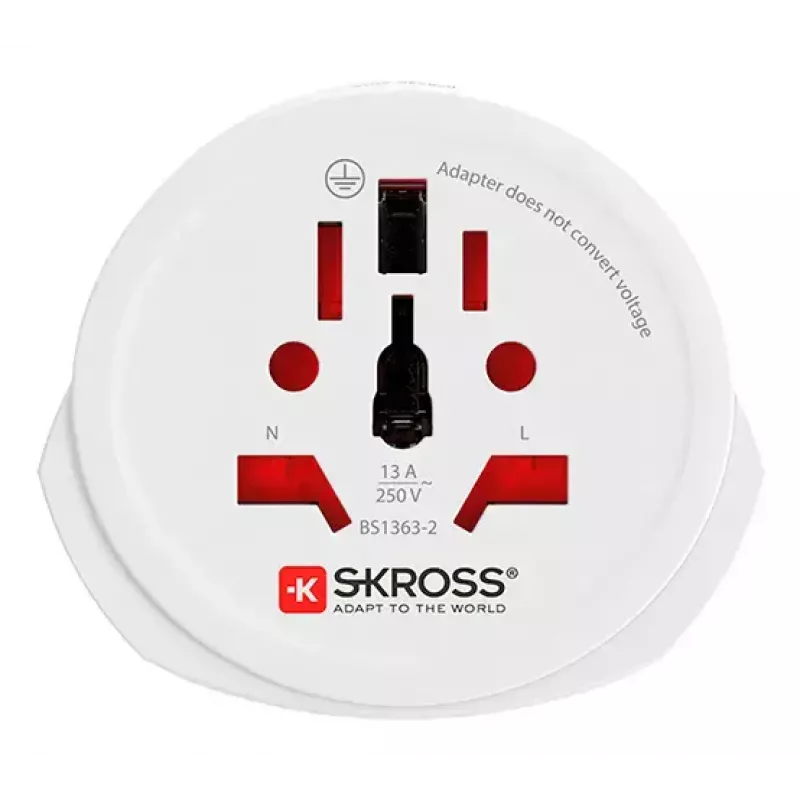 Reiseadapter SKROSS World to Europe — Universaleingang auf europäische Steckdose, weiß, 64×58×47 mm