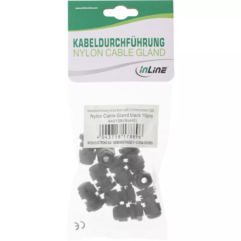 InLine Kabelverschraubung Nylon IP68 3,5 - 6 mm schwarz 10 Stk., Neopren, Nylon, Schwarz, 43 g, 80 mm, 120 mm, 25 mm