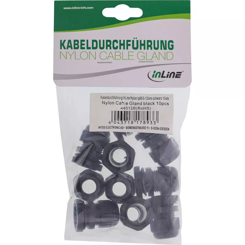 Kabelverschraubung InLine 44012B Nylon IP68 für Kabel Ø6–12 mm, schwarz, 10er-Pack