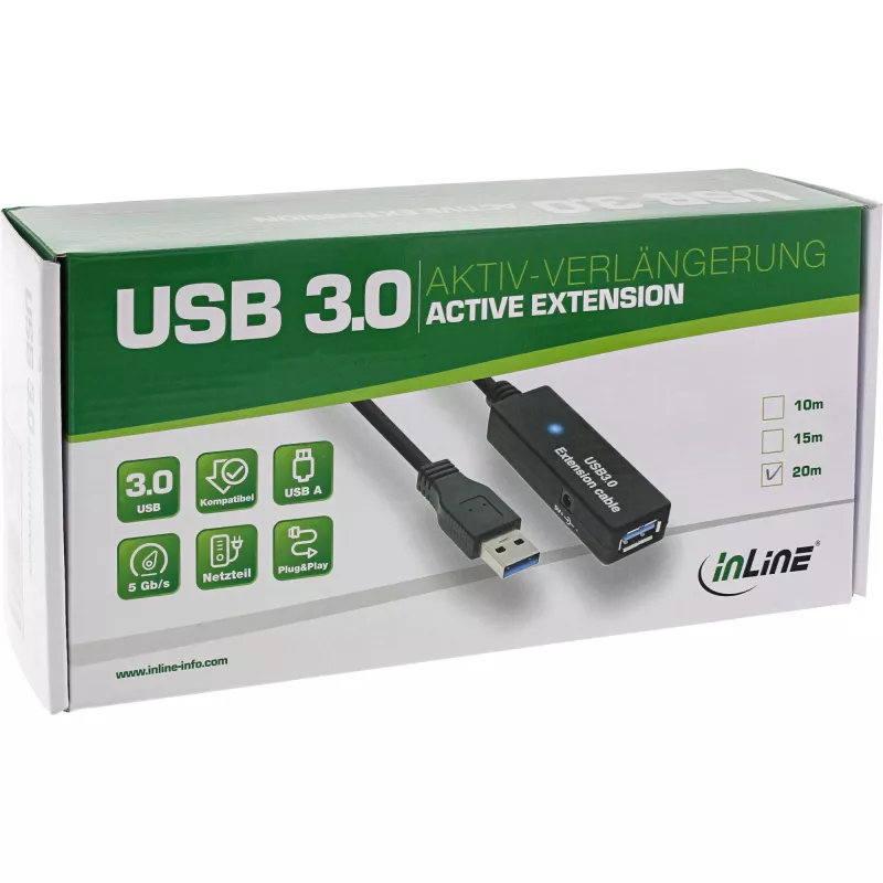 InLine USB3.2 Gen.1 aktives Repeater-Kabel Typ-A-Stecker / -Buchse, schwarz, 20 m