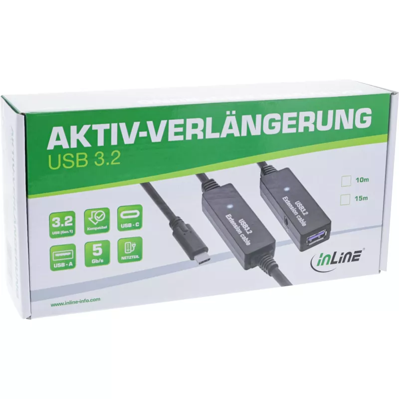 InLine USB 3.2 Gen.1 aktive Verlängerung, USB-C Stecker auf USB-A Buchse, 10 m