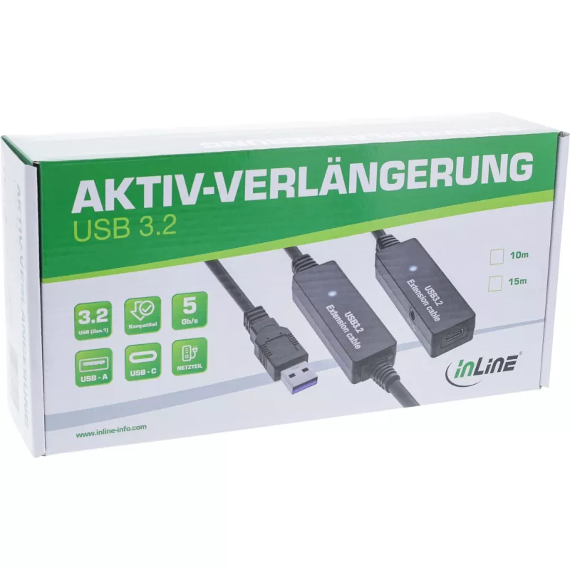 InLine USB 3.2 Gen.1 aktive Verlängerung, USB-A Stecker auf USB-C Buchse, 15m