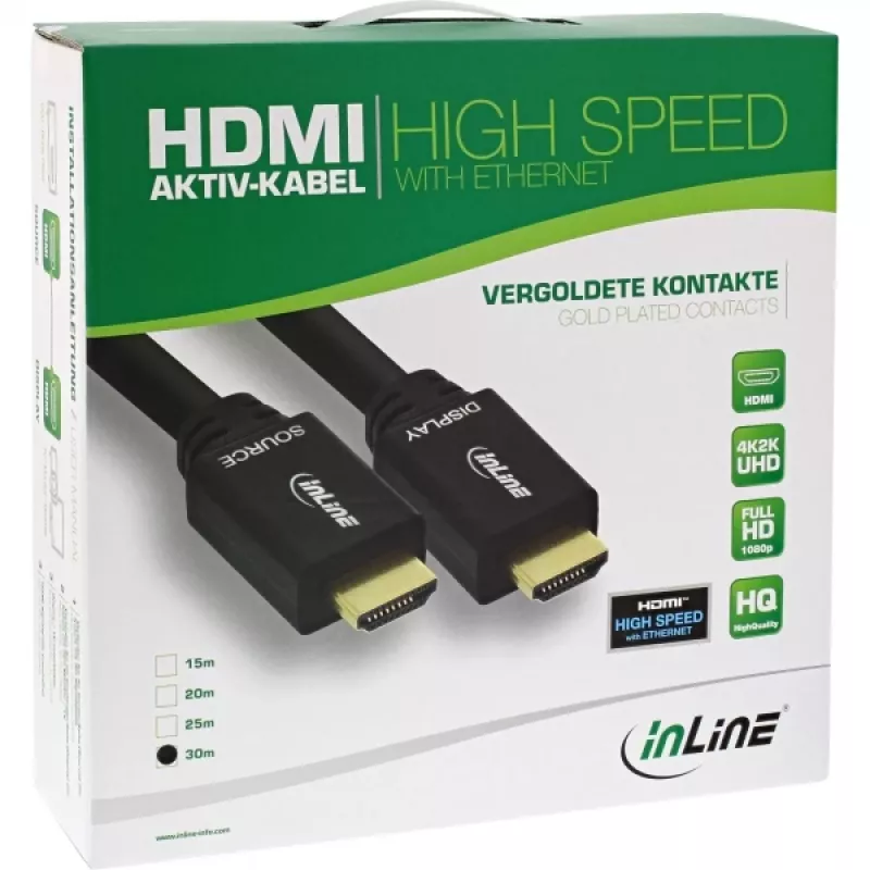 InLine , aktives High Speed HDMI-Kabel mit Ethernet, M/M, schwarz, vergoldete Kontakte, 30 m