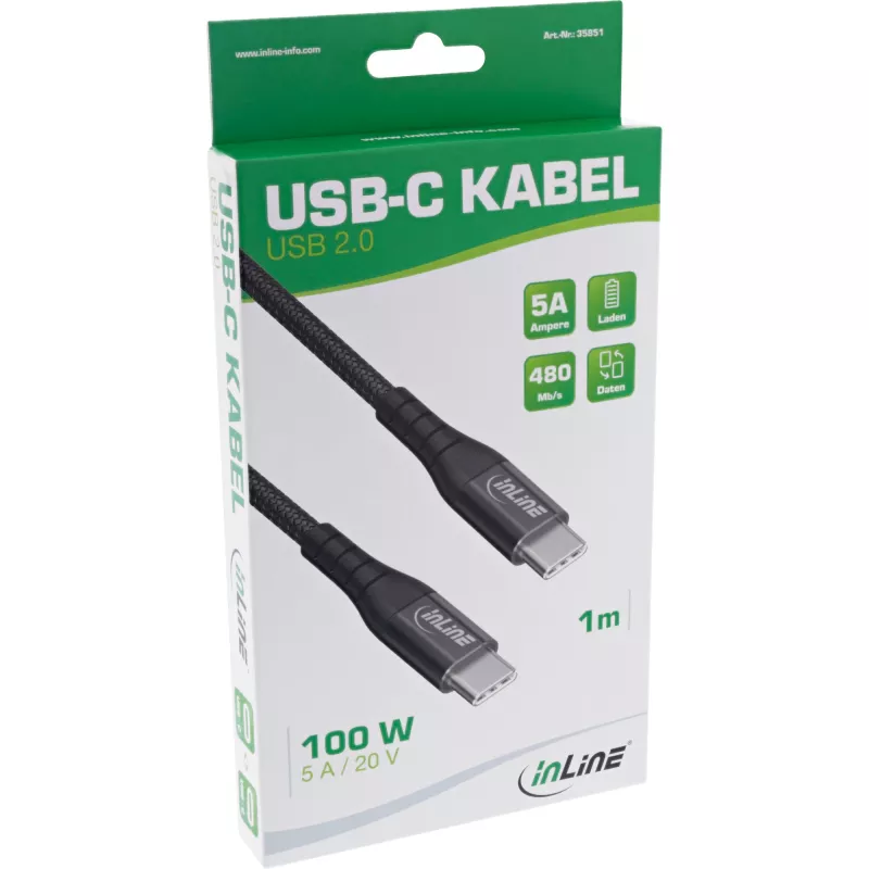 InLine USB 2.0 Kabel, USB-C Stecker/Stecker 100W Schnellladekabel, 2m
