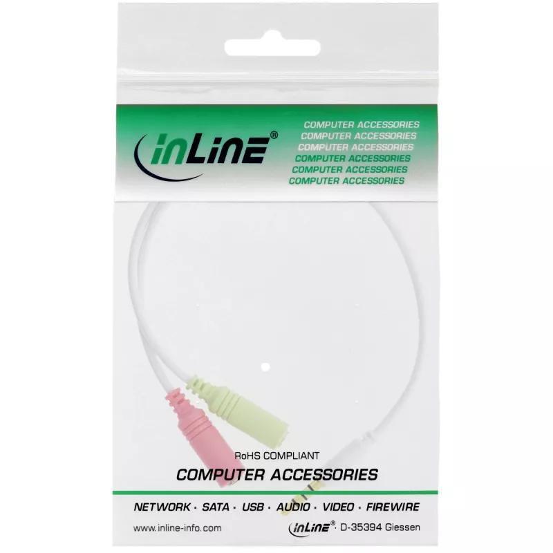 InLine Audio-Headset-Adapterkabel 3,5 mm Stecker 4-polig / 2x 3,5 mm, weiß, 0,15 m