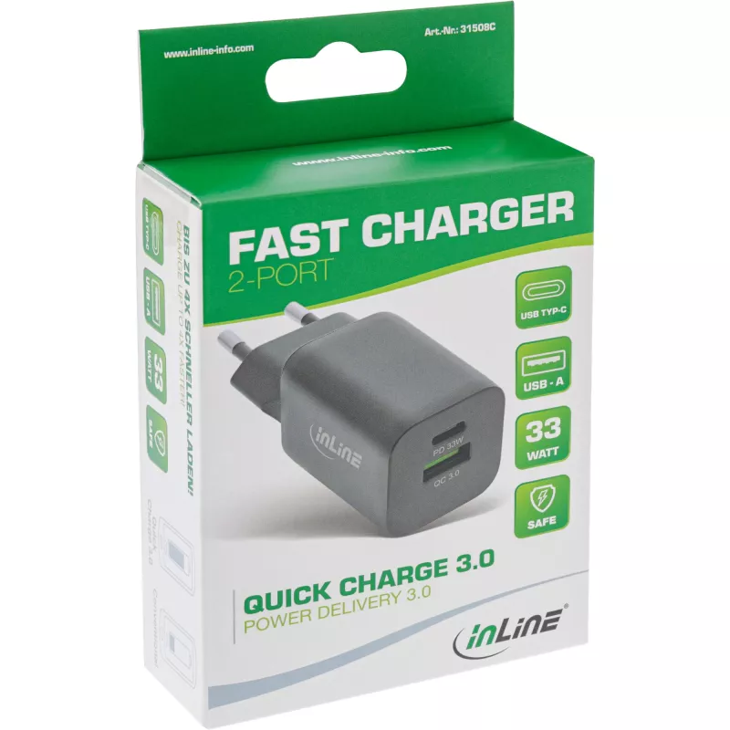 InLine USB-Netzteil, Ladegerät, USB-A + USB Typ-C, 33W, PD + QC