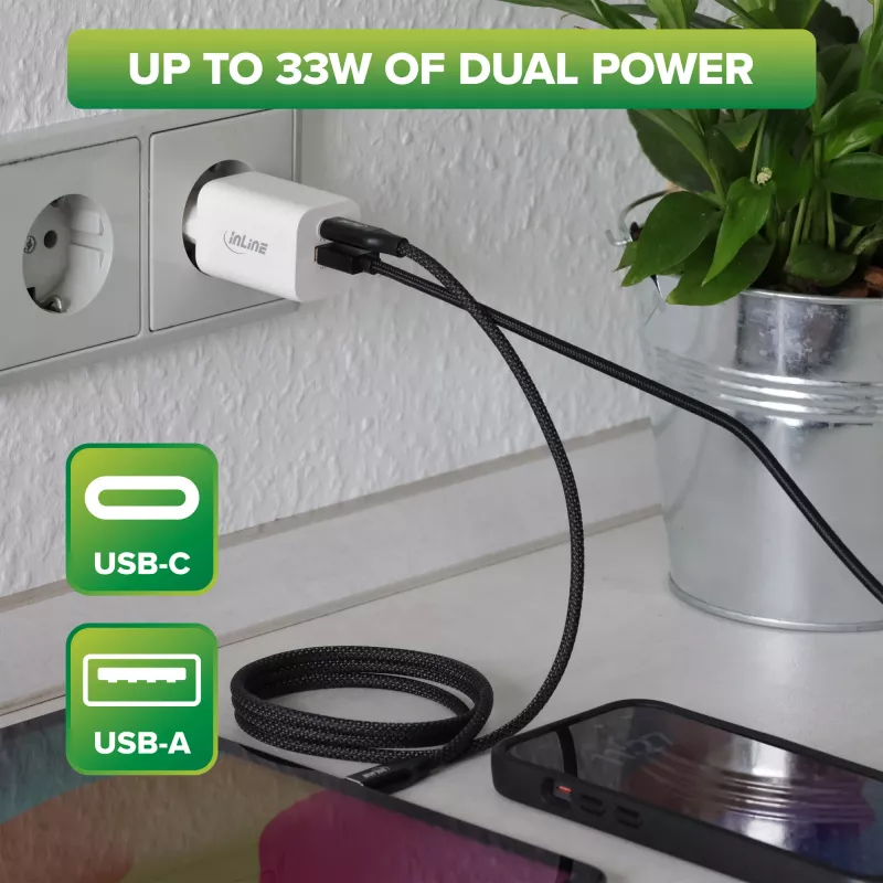 InLine USB-Netzteil, Ladegerät, USB-A + USB Typ-C, 33W, PD + QC