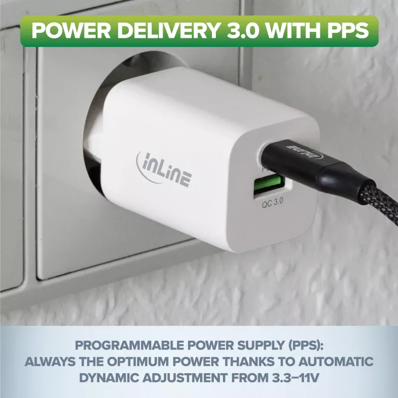 InLine USB-Netzteil, Ladegerät, USB-A + USB Typ-C, 33W, PD + QC