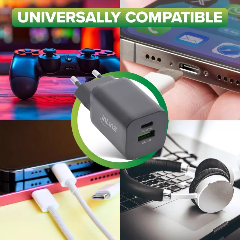 InLine USB-Netzteil, Ladegerät, USB-A + USB Typ-C, 33W, PD + QC