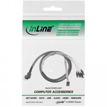 InLine Mini SAS HD Kabel SFF-8643 abgewinkelt auf 4x SATA + Sideband 0,5 m