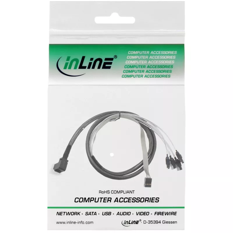 InLine Mini SAS HD Kabel SFF-8643 abgewinkelt auf 4x SATA + Sideband 0,5 m