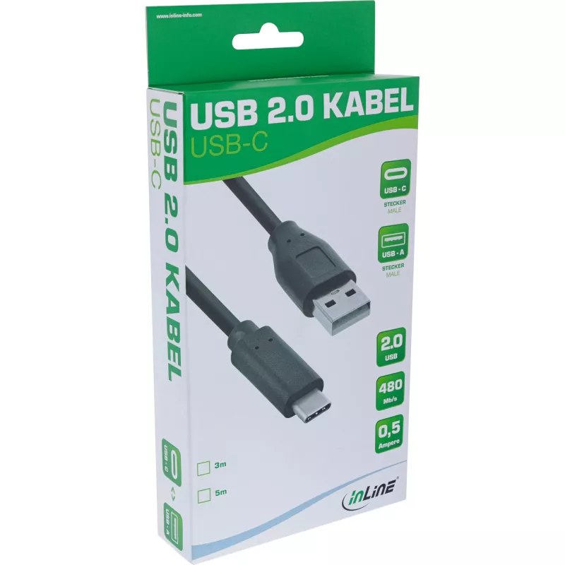 InLine USB 2.0 Kabel, USB-C Stecker / USB-A Stecker, schwarz, 3m