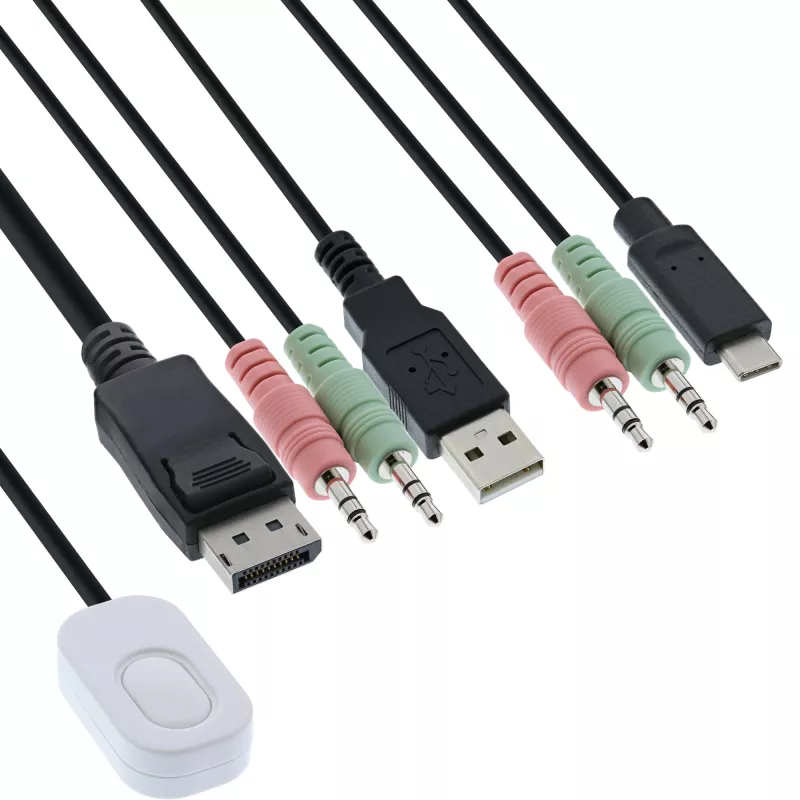 InLine KVM Switch, 2-Port, USB-C+DP auf DisplayPort, 4K, Audio, integr. Kabel
