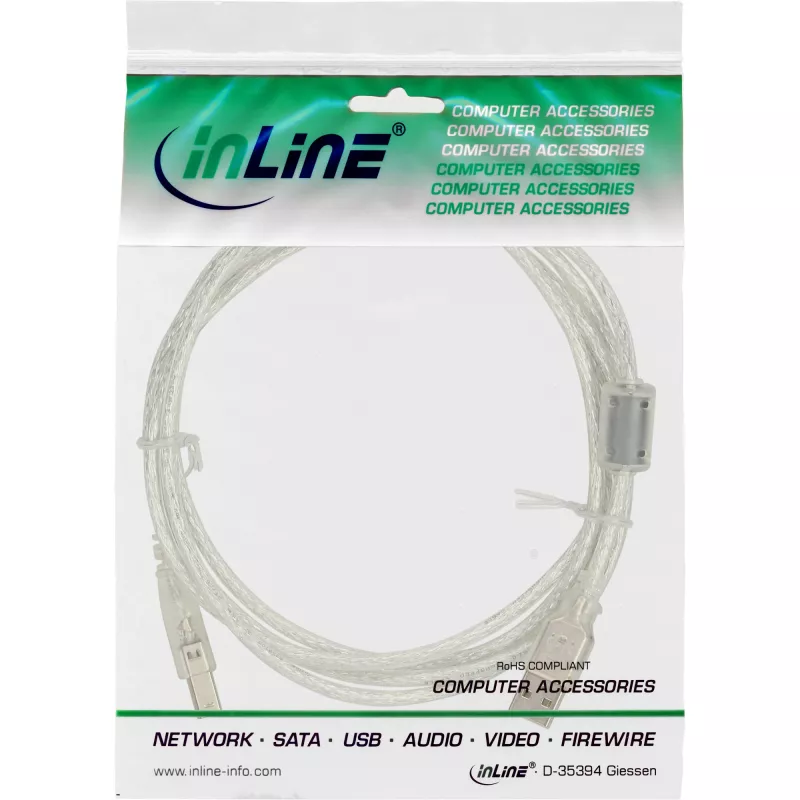 InLine USB 2.0 Kabel Typ A Stecker / B Stecker transparent, Ferritkern, 0,3 m