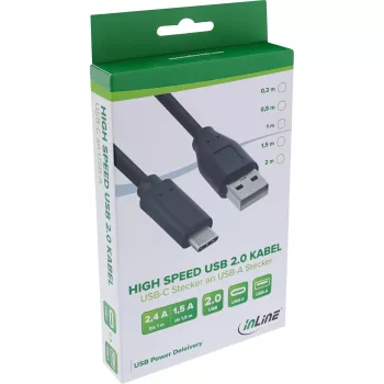 InLine USB 2.0 Kabel, USB-C Stecker / USB-A Stecker, schwarz, 0,3m