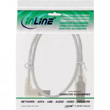 InLine USB 2.0 Kabel links abgewinkelt Typ A Stecker / B Stecker transparent 0,3m