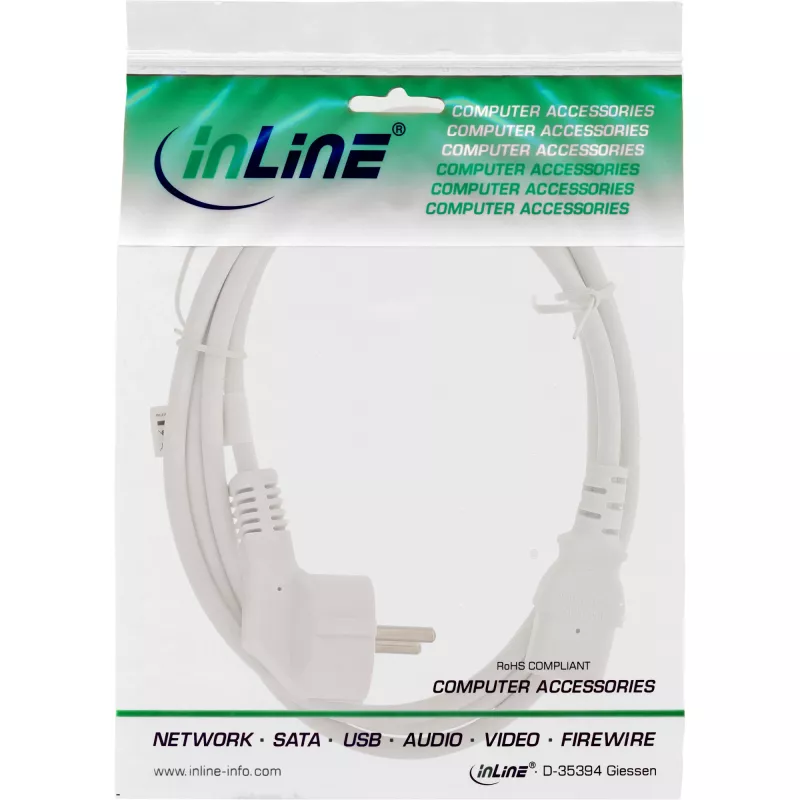InLine Netzkabel, CEE 7/7 gewinkelt / 3-polig IEC C13 Stecker, weiß, 0,3 m