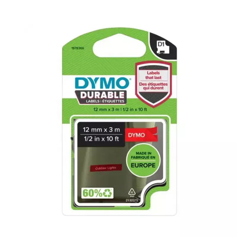 DYMO Authentic D1 Durable-Etiketten | Schwarzer Druck auf rotem Band | 12 mm x 3 m | Beschriftungsband für LabelManager Etikettendrucker