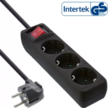 InLine Steckdosenleiste, 3-fach Schutzkontakt CEE 7/3, mit Schalter, schwarz, 3 m