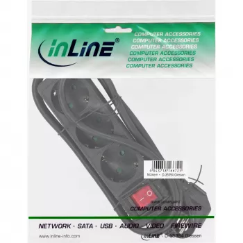 InLine Steckdosenleiste, 3-fach Schutzkontakt CEE 7/3, mit Schalter, schwarz, 3 m