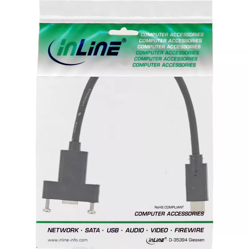 InLine USB 3.2 Gen.2 C Stecker / Buchse mit Flanschkabel, schwarz, 0,20 m