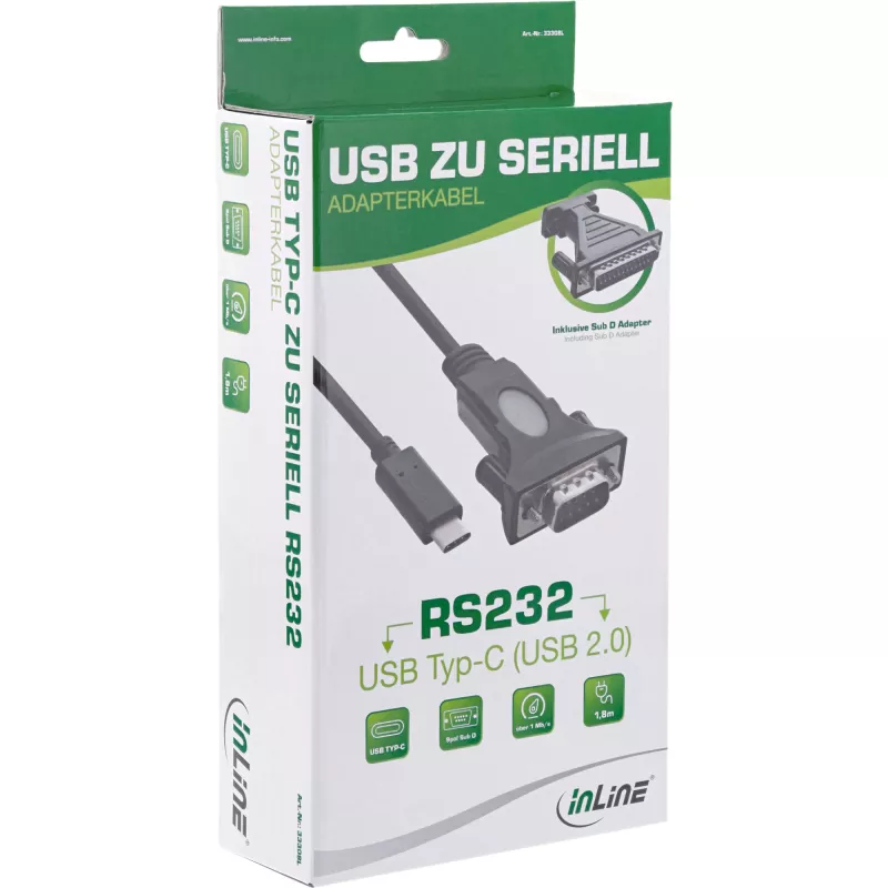 InLine USB-C zu Seriell-Adapterkabel, USB-C Stecker / DB9 Stecker, 1,8 m