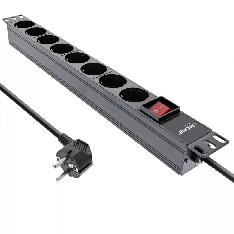 InLine 19 Zoll Steckdosenleiste, 8-fach Schutzkontakt, mit Schalter, 2 m, schwarz