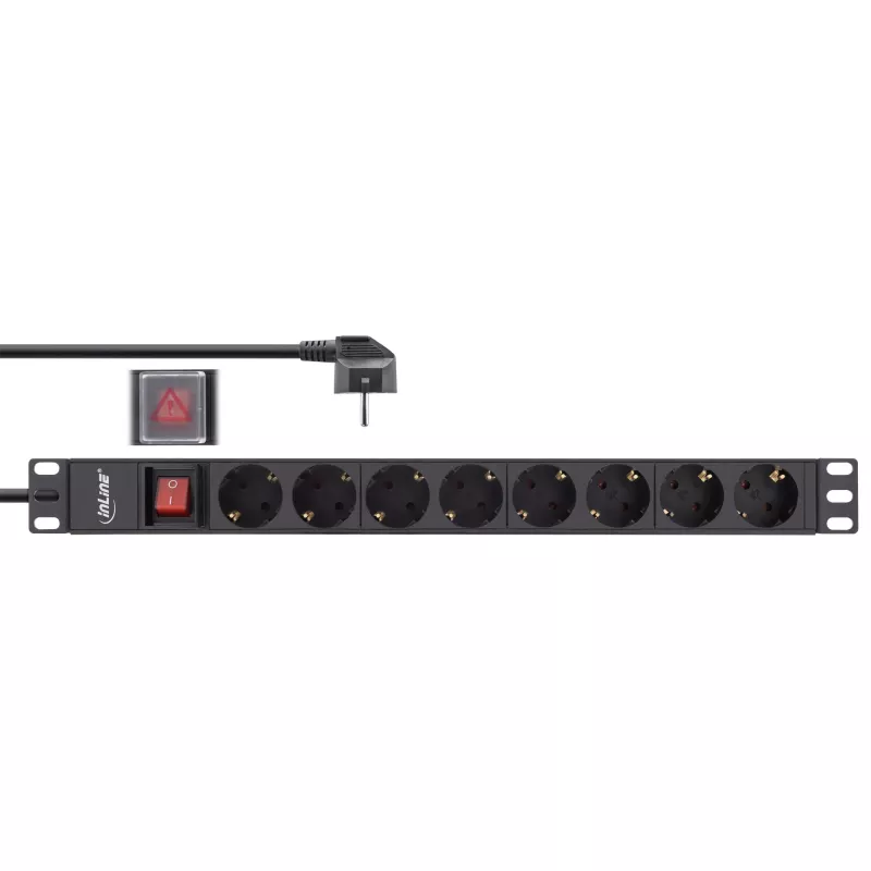 InLine 19 Zoll Steckdosenleiste, 8-fach Schutzkontakt, mit Schalter, 2 m, schwarz