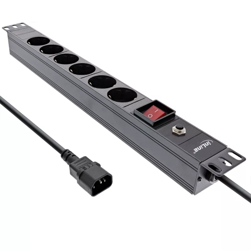 InLine 19 Zoll Steckdosenleiste, 6-fach CEE7/7, C14 Überlastschutz, Schalter, 2m