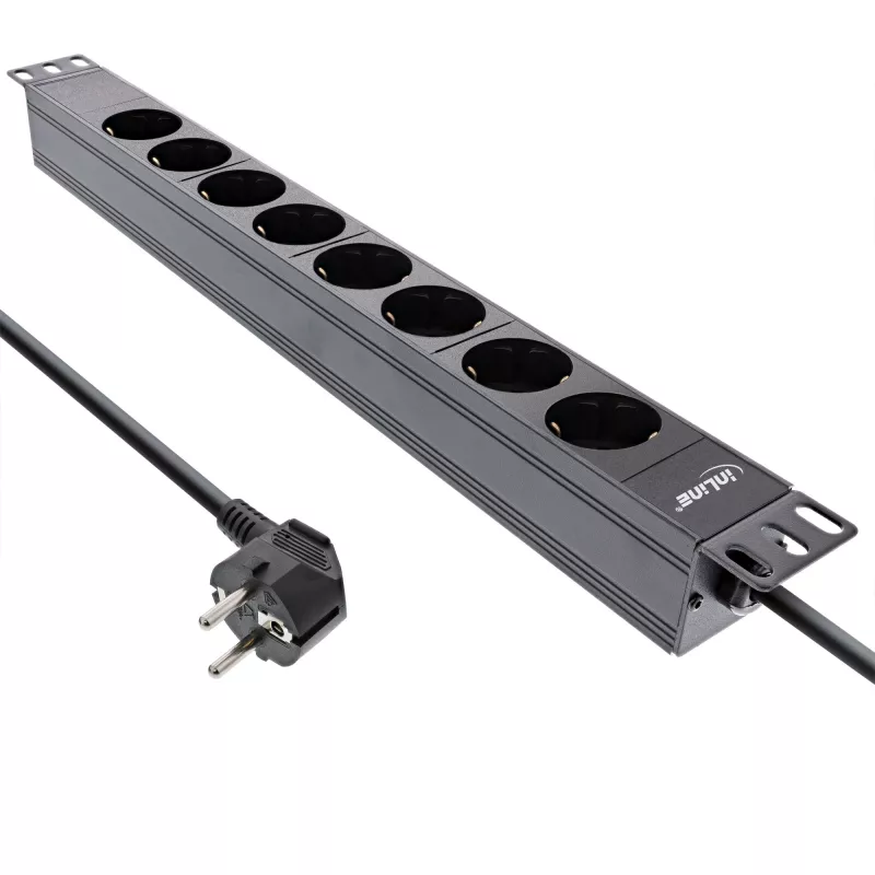 InLine 19-Zoll-Steckdosenleiste, 8-fach Schutzkontakt, ohne Schalter, 2m, schwarz