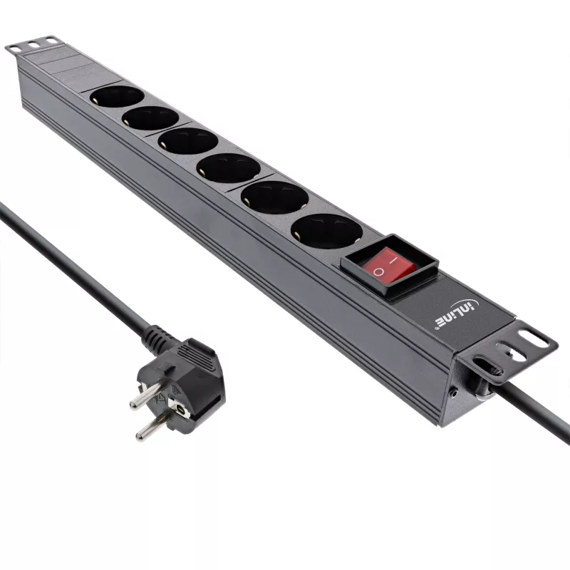 InLine 19-Zoll-Steckdosenleiste, 6-fach Schutzkontakt, mit Schalter, 2m, schwarz