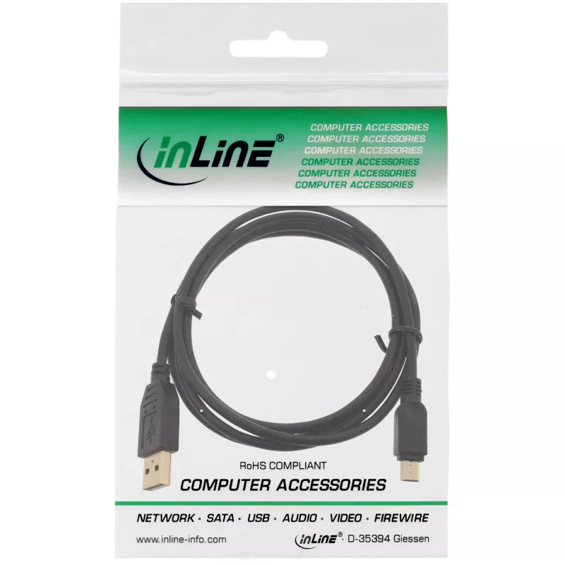 InLine USB 2.0 Mini-Kabel, Typ A Stecker / Mini-B Stecker (5-polig), schwarz/gold, 0,5 m