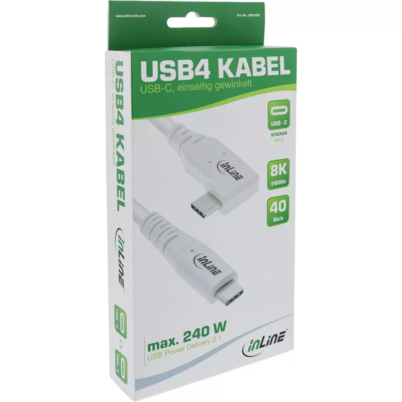 InLine USB4-Kabel, USB-C, einseitig abgewinkelt, PD 240W, 8K60Hz, TPE, weiß, 2m