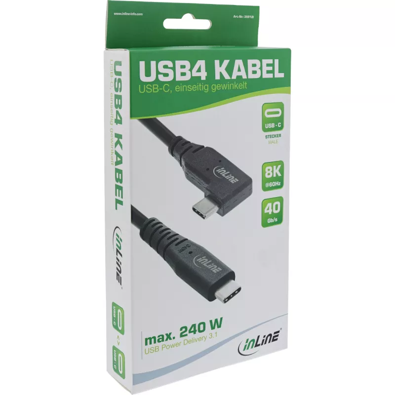 InLine USB4-Kabel, USB-C, einseitig abgewinkelt, PD 240W, 8K60Hz, TPE, schwarz, 2m