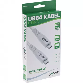 InLine USB4-Kabel, USB-C Stecker/Stecker, PD 240W, 8K60Hz, TPE, weiß, 1m