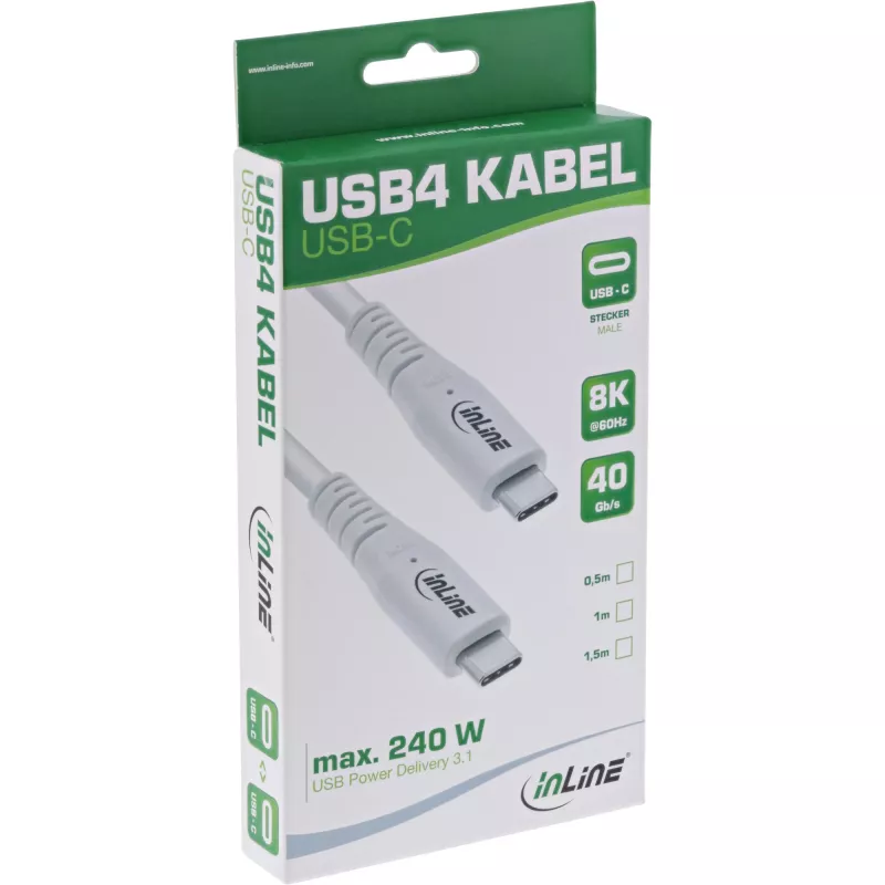 InLine USB4-Kabel, USB-C Stecker/Stecker, PD 240W, 8K60Hz, TPE, weiß, 1m