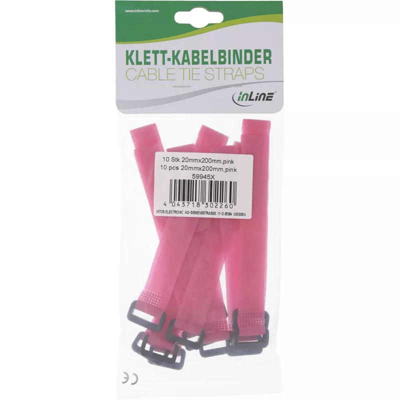 InLine Kabelbinder Klettverschluss 20 x 200 mm, 10 Stück, pink