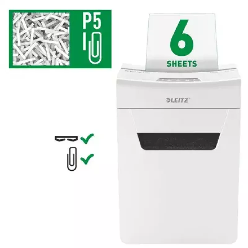 Aktenvernichter LEITZ IQ Protect Premium 6M P5 – Mikroschnitt, 18 L, Touch-Steuerung, 351×204×355 mm